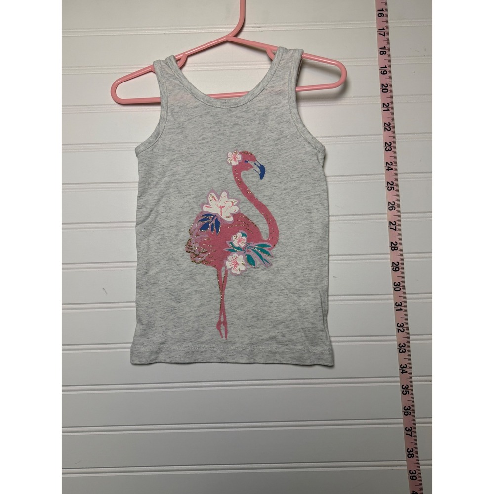 Carters Girls 3T Gray Flamingo Tank Top Pink Floral Glitter Back Tie Sleeveless